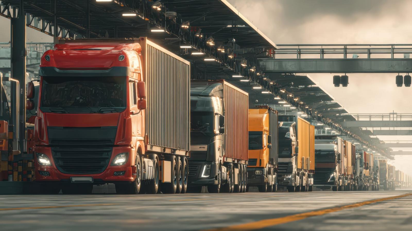 Fila de caminhões em docas de carregamento